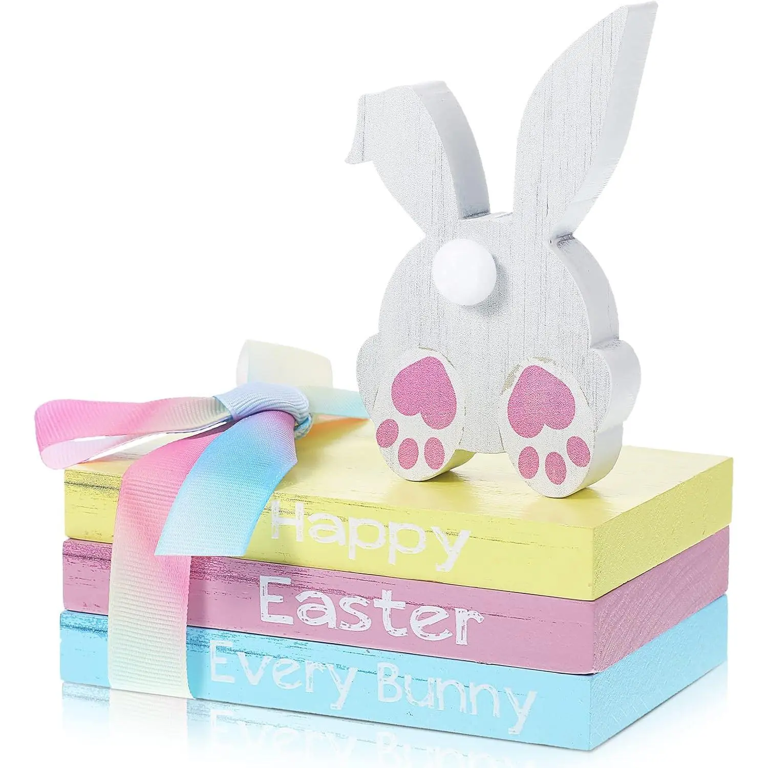 4 Pcs Easter Table Decor Wooden Sign Happy Farmhouse Block Decorative Book Tiered Tray Rustic Spring Decoration for Fireplace Living Room(Tail Style)