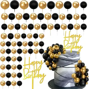 75 PCS Black and Gold Cake Decorations Balls Happy Birthday Insert Cards for DIY Cake Decoration Baby Shower Wedding Birthday Party