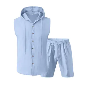 Men's Summer Linen Sleeveless Hooded Shirt and Shorts Set, Casual Two-Piece Outfit, Lightweight Breathable Relaxed Fit, Stylish Comfortable Beach Travel Vacation Daily Wear Loungewear
