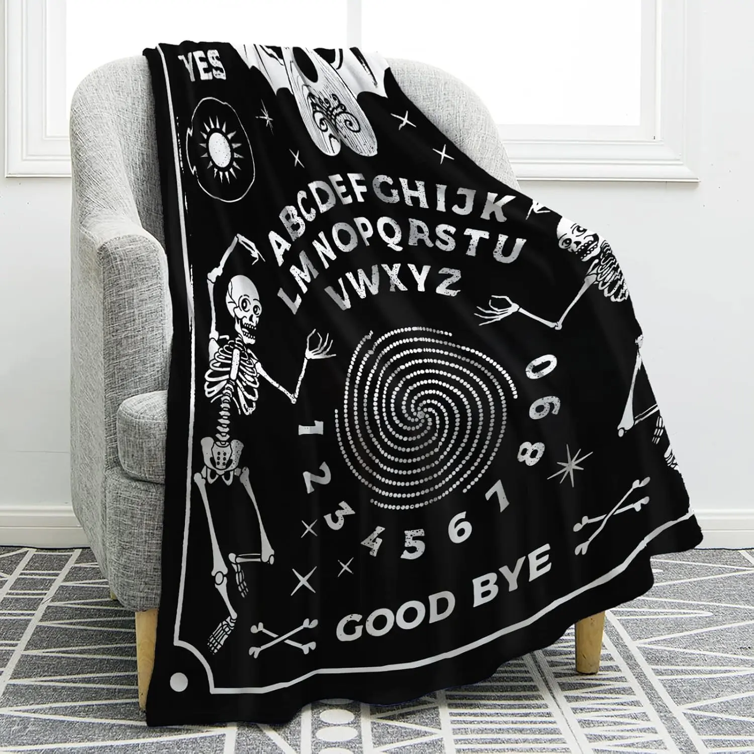 Halloween Theme Ouija Board Throw Blanket - Wrinkle Resistant, Fade Resistant, Soft Cozy Black Multi-Size Blanket for Children, Sun Moon Skulls Skeleton Bat Home Bedroom Decor, Machine Washable All Seasons Family Occasion Gift