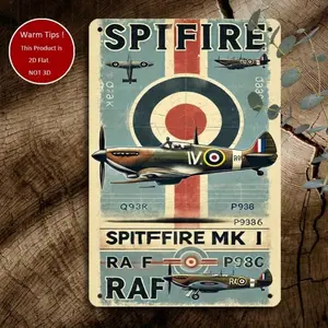 Vintage WWII Spitfire RAF Aluminum Wall Art Sign Retro Aviation Decor with RAF Vickers Armstrongs Design Room Home Bathroom Bedroom Kitchen Wall House Living Room Decor