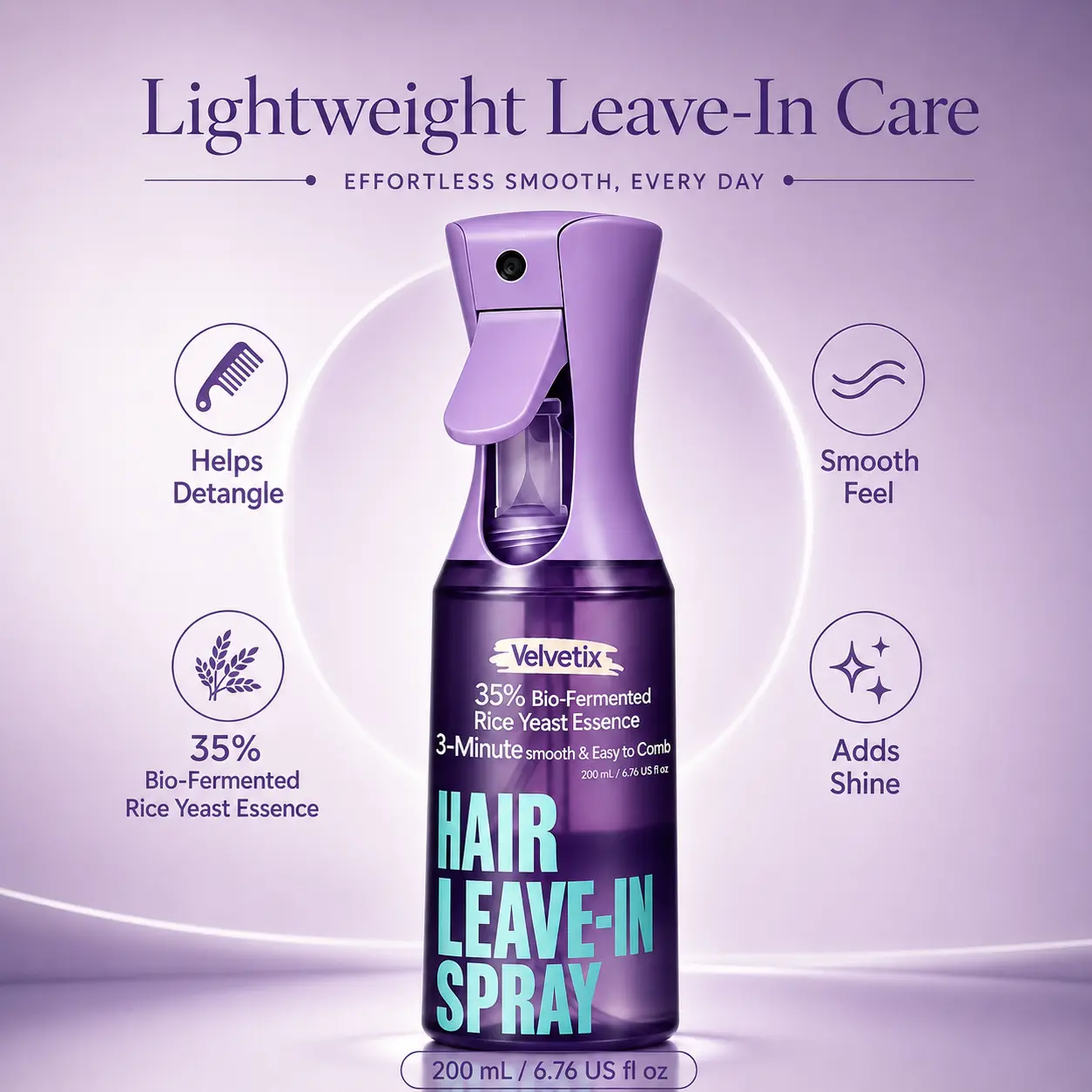 Velvetix Leave-In Hair Spray, Daily No-Rinse Hair Care Mist for Dry & Damp Hair, Easy Hair Refresh for Everyday Styling, 200 mL