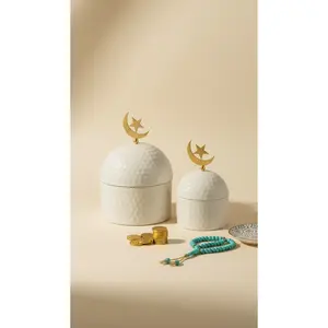 Ivory Metal Ramadan Storage Jar Set with Gold Crescent & Star Lid – Eid Candy & Dates Container Decor