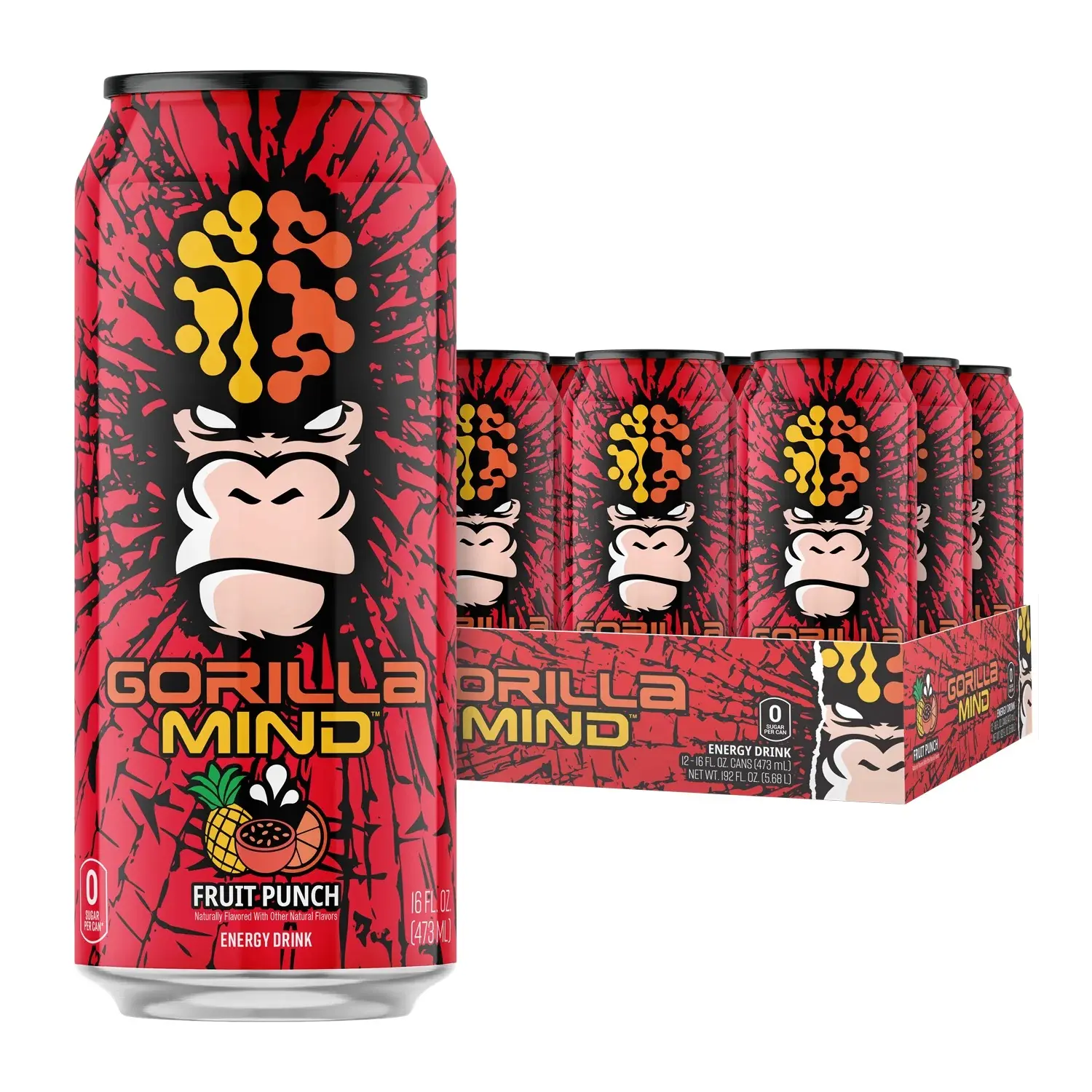 Gorilla Mind Fruit Punch Sports & Energy Beverage - 0 Sugar, Caffeine Boost, 16 fl oz (473mL) Single-Serve Can, Contains Caffeine