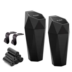 Car Cup Holder Trash Can, Leakproof Mini Trash with Lid and 90 Bags, 2 Pack for Car and Home with 2 ABS Hooks, Black