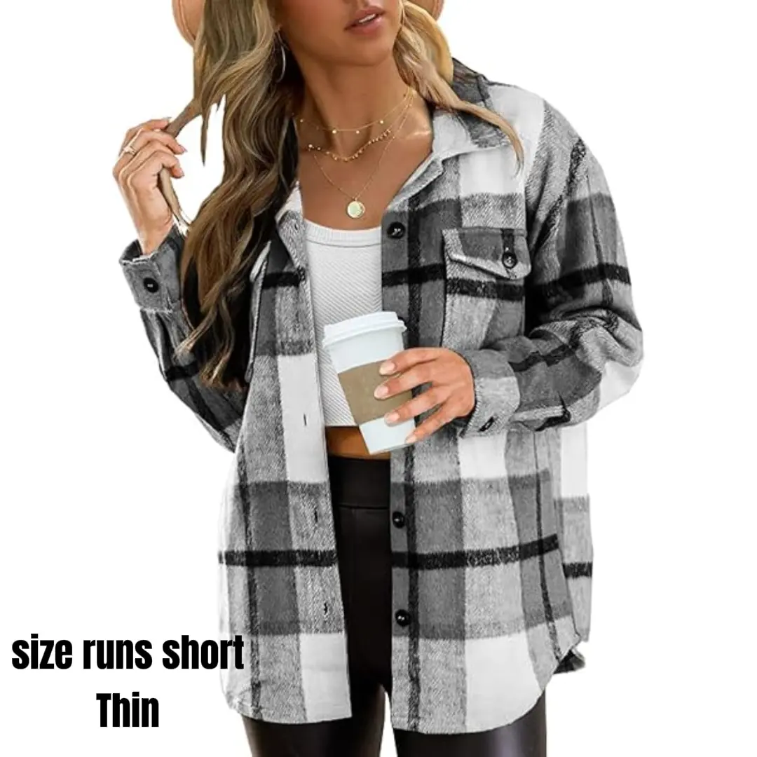 Plus Size Women's Long-Sleeve Flannel Plaid Button-Down Shacket Jacket - Denim-Tweed Polyester Fabric, Thin, Snug Fit, Check Design, Pocket, Hip Street Casual Fall Clothes, Women's Clothes