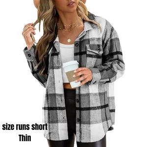 Plus Size Women's Long-Sleeve Flannel Plaid Button-Down Shacket Jacket - Denim-Tweed Polyester Fabric, Thin, Snug Fit, Check Design, Pocket, Hip Street Casual Fall Clothes, Women's Clothes