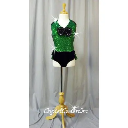 Green Zsa Zsa Sequin and Black Velour Leotard/Ruffle Half Skirt - Swarovski Rhinestones