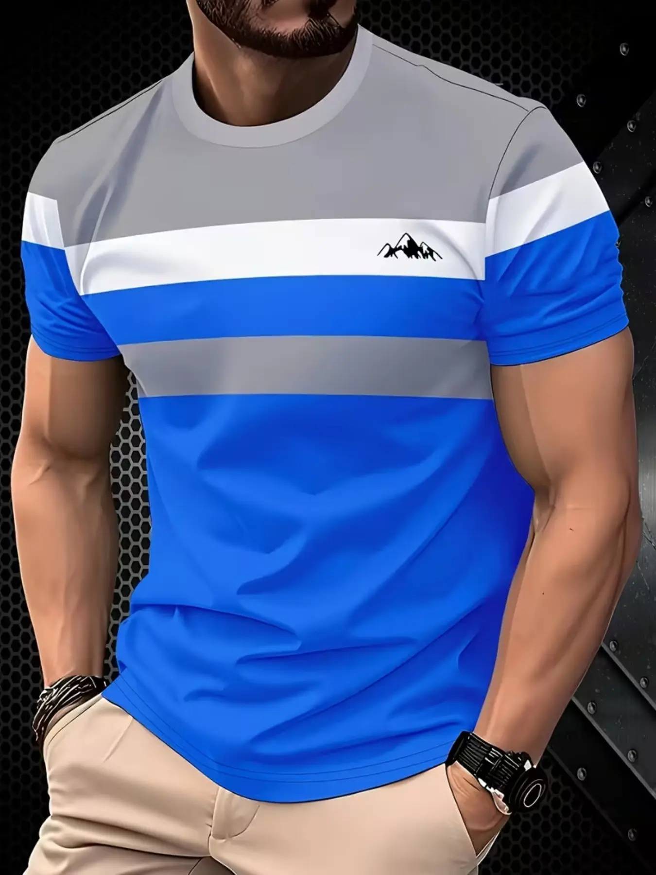 Men's Blue Striped Fitted T-Shirt, Mountain Print Outdoor Casual Short Sleeve, Fashionable Summer Top, Comfortable and Stylish, Menswear, Casual Comfy Fit Top