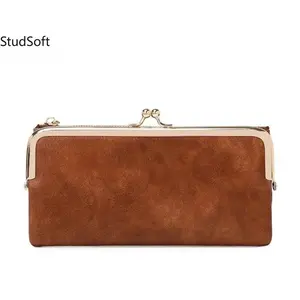 2026 Vintage Kiss Lock Long Women's Wallet Solid Color Multi functional Zipper Wallet Minimalism Double Fold Large Capacity Handbag