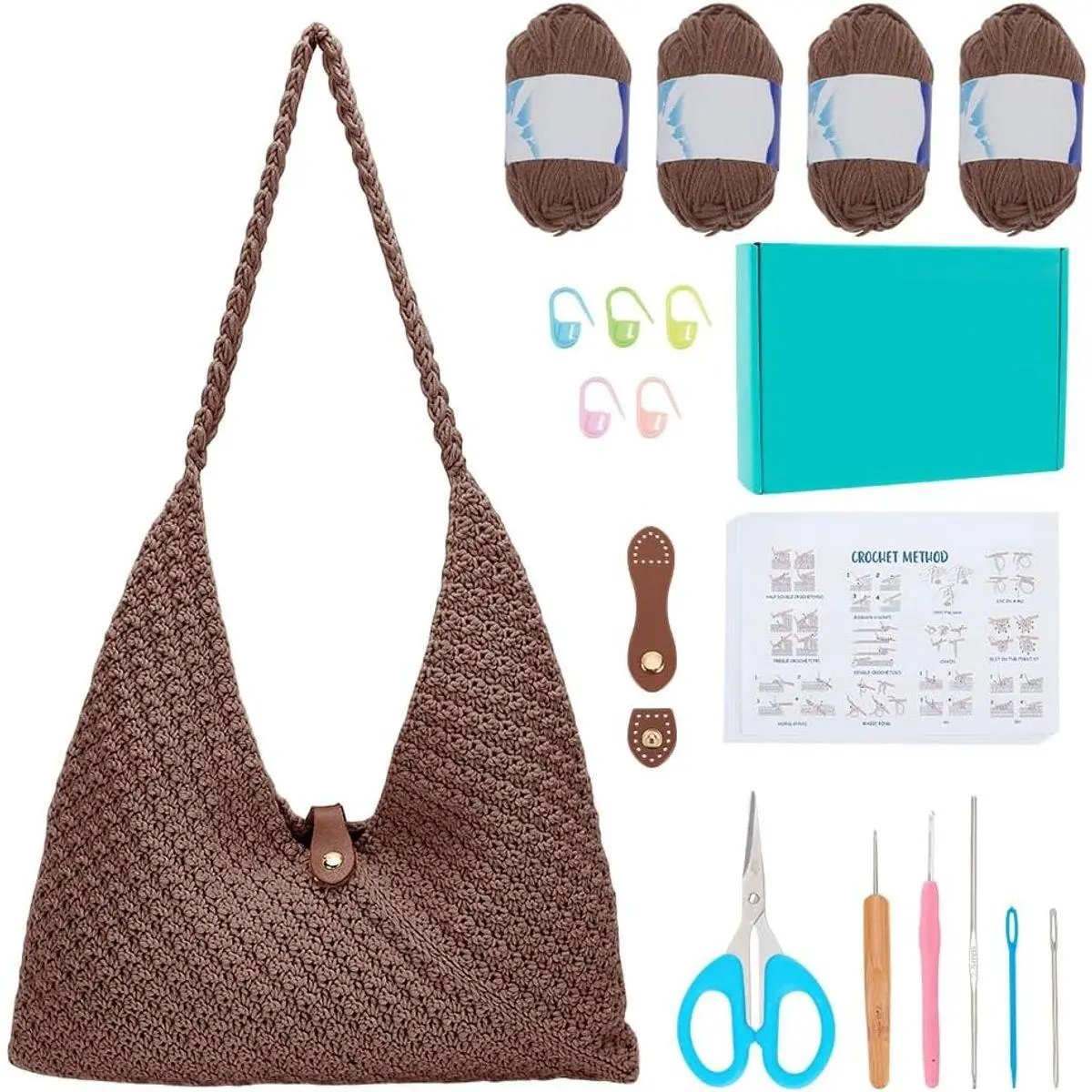 Beach Bag Crochet Kit for Beginners Brown Crochet Bag Making Kit for Women Knitting Supplies Kits DIY Craft Kits for Adults with Video Guide Tutorial Boho Style Gift Ideas