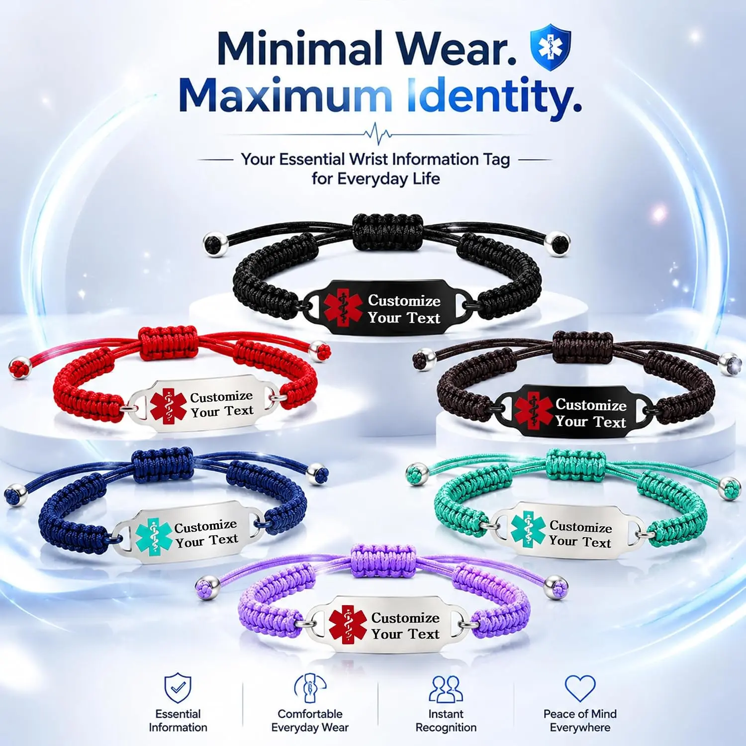 Medical Alert Bracelet for Men & Women, Pre-Engraved Emergency ID with Dynamic QR Code Linked to Online Profile, Adjustable Waterproof Braided Safety Wristband for Daily Wear, Travel & Sports