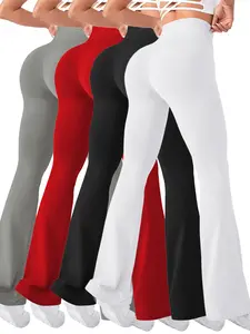 Trendy Casual Pants Set, Comfortable Soft Elastic, Perfect for Yoga Travel Vacation, Peach Butt Sports Flare Long Pants, Skinny Yoga Bottoms, 4 Pieces