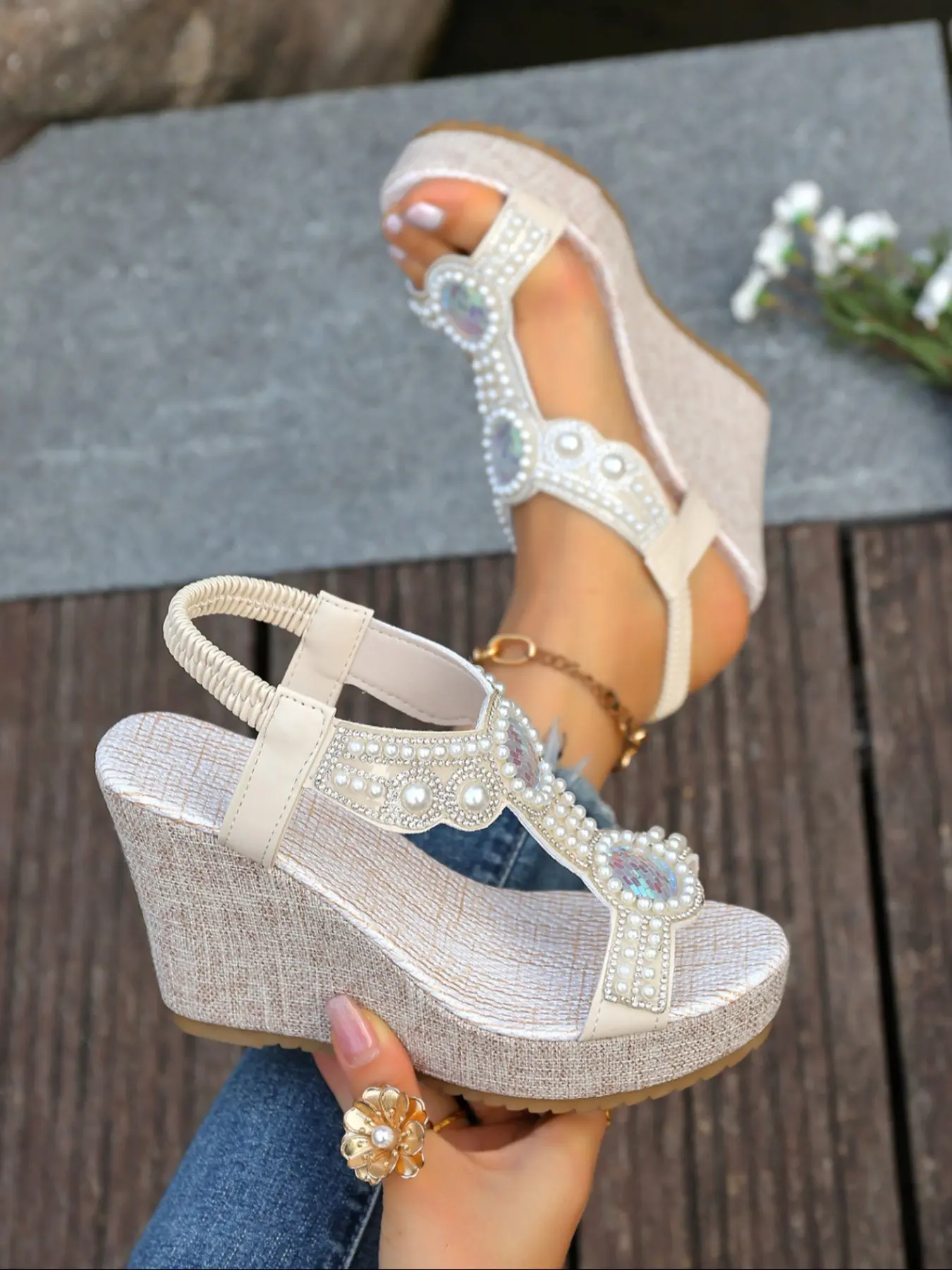 Elegant Pearl Rhinestone Open Toe Wedge Sandals, Strappy Platform, Thick Sole High Heels, Heeled Wedge Shoes, Summer Casual Women's Shoes, Fashion Textile Upper, Random Print