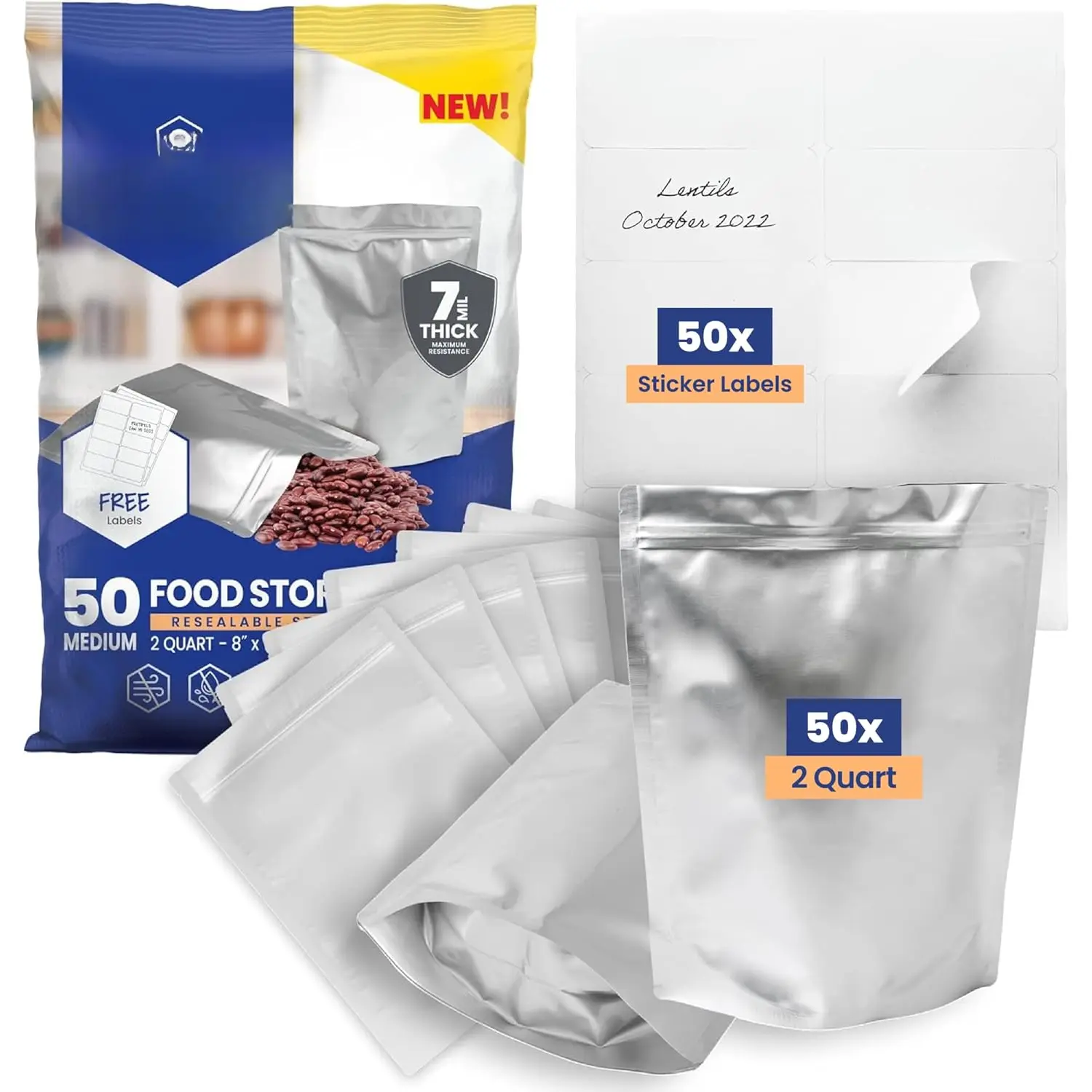 50 Count 2-Quart Gusset Mylar Bags with Labels, 14 Mil Total Thicker Long-Term  Storage Pouches, 8x12 Stand-Up Zipper Heat-Sealable Airtight Packaging -