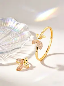 European & American INS Style Pave CZ Butterfly Bangle Bracelet & Ring Set, Gold/Silver Available, Luxury High-End Stackable Statement Jewelry for Personalized Outfits
