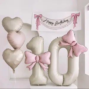 ‌40inch Brown-White Number 8 Foil Balloon with Light Pink Bow - Birthday/Anniversary Party Decor