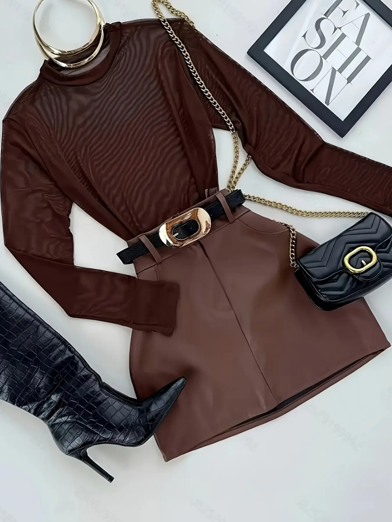 Elegant Chic Versatile Style Half-Transparent Mesh Crewneck Long Sleeve T-Shirt + Bodycon Short Skirt Knitted Fashion Two Piece Set (no Belt Included), Women's Fashion, Outfit, Womenswear, Clothes, Lady, Skirt Sets