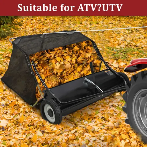 GARVEE Tow Behind Lawn Sweeper, Large Capacity Heavy Duty Leaf Collector with Adjustable Sweeping Height, Dumping Rope Design for Picking Up Debris and Grass, Black