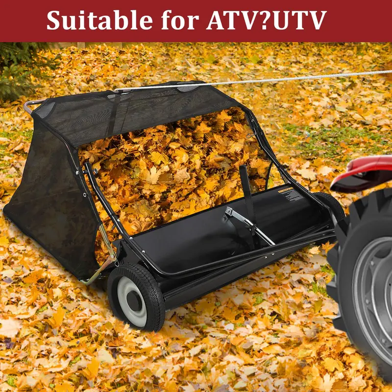 GARVEE Tow Behind Lawn Sweeper, Large Capacity Heavy Duty Leaf Collector with Adjustable Sweeping Height, Dumping Rope Design for Picking Up Debris and Grass, Black