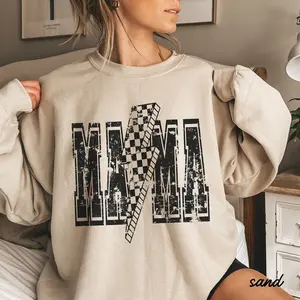 Checkered Mama Lightning Bolt Sweatshirt, 90s Retro Mama Shirt, Mother’s Day Gift, Motherhood Crewneck Shirt, Mom Life Tee, Sweatshirt