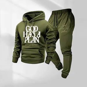 Men's "God Has A Plan" Print Hoodie And Drawstring Sweatpants Set, Men's Casual Sportswear, Long-Sleeved Hooded Jacket And Trousers, Suitable For Autumn And Winter, Men's Everyday Wear, Indoor And Outdoor Sportswear, Tracksuit, Casual Sportswear