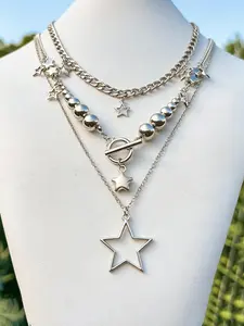 3-Piece Fashionable Layered Alloy Necklace Set, Chic Fringe Star Pendant, Hip Hop Beaded Party Jewelry for Women, Trendy Ladies Necklaces, Multilayer Necklace, Streetwear Statement Jewelry