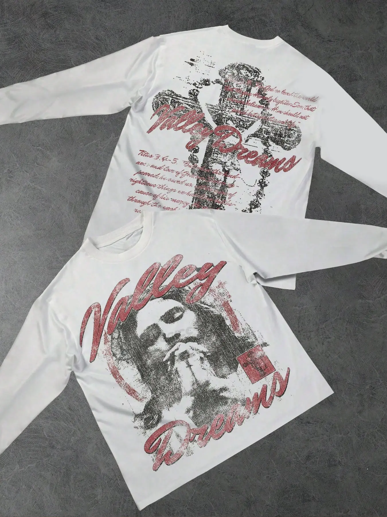 'valley of Dreams' Vintage Religious Portrait Long Sleeve T-Shirt, Distressed Jesus Graphic + Cross + Scripture, Y2K Grunge Streetwear, Menswear Casual for Festivals & Everyday