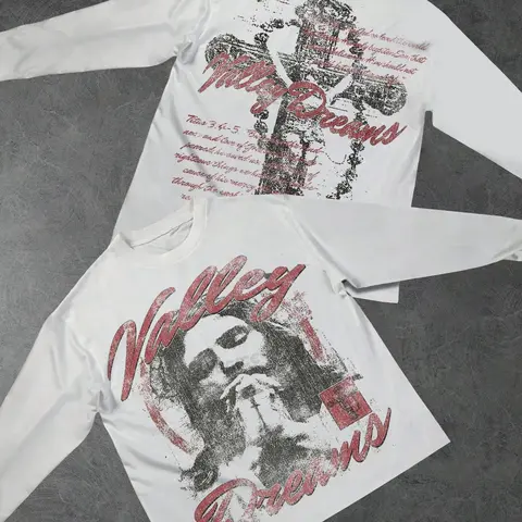 'valley of Dreams' Vintage Religious Portrait Long Sleeve T-Shirt, Distressed Jesus Graphic + Cross + Scripture, Y2K Grunge Streetwear Casual for Festivals & Everyday, Distressed Graphic Tees