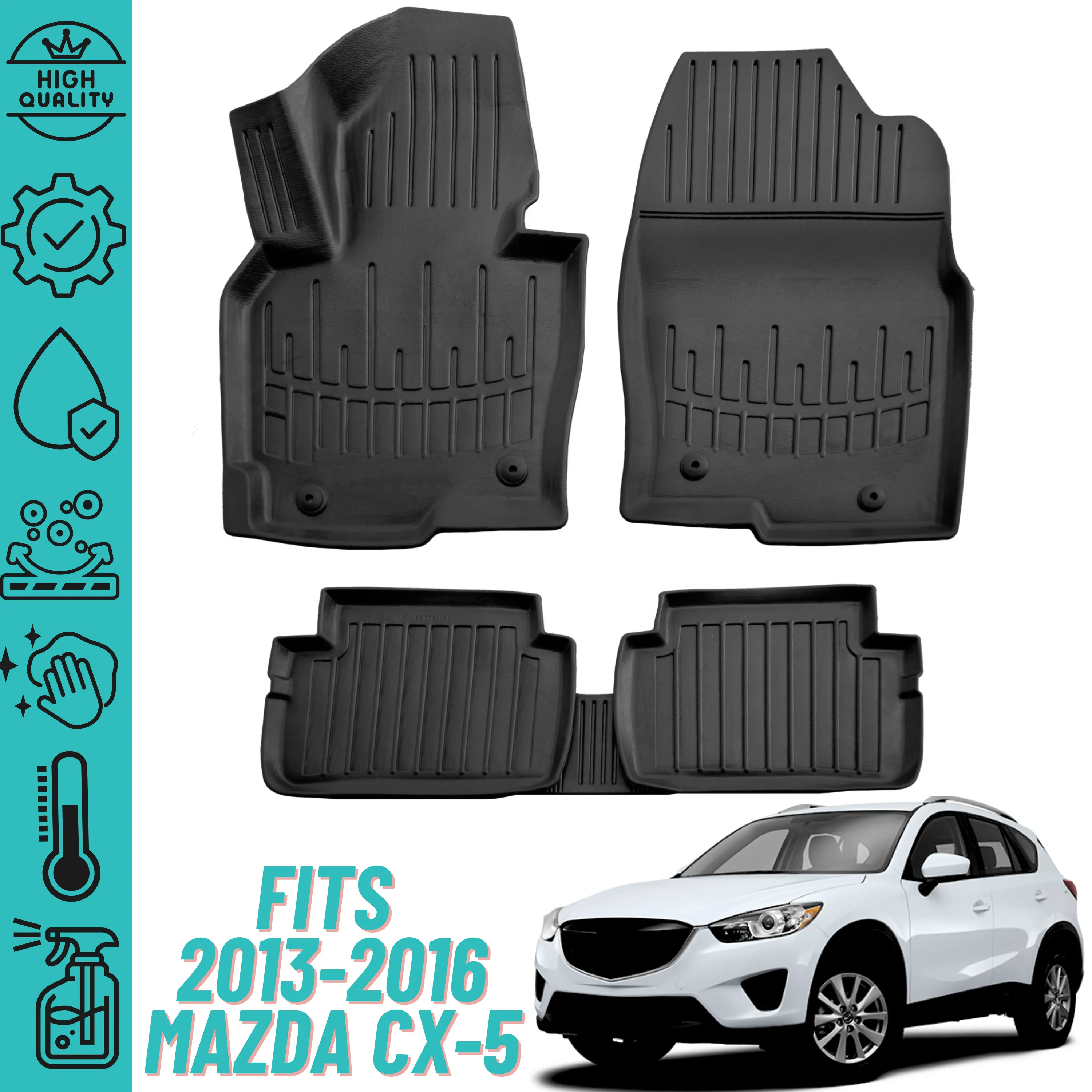 2013-2016 Mazda CX-5 Heavy Duty 3D Floor Mats - Custom Fit All Weather Liner Front & 2nd Row Full Set Rubber - Black