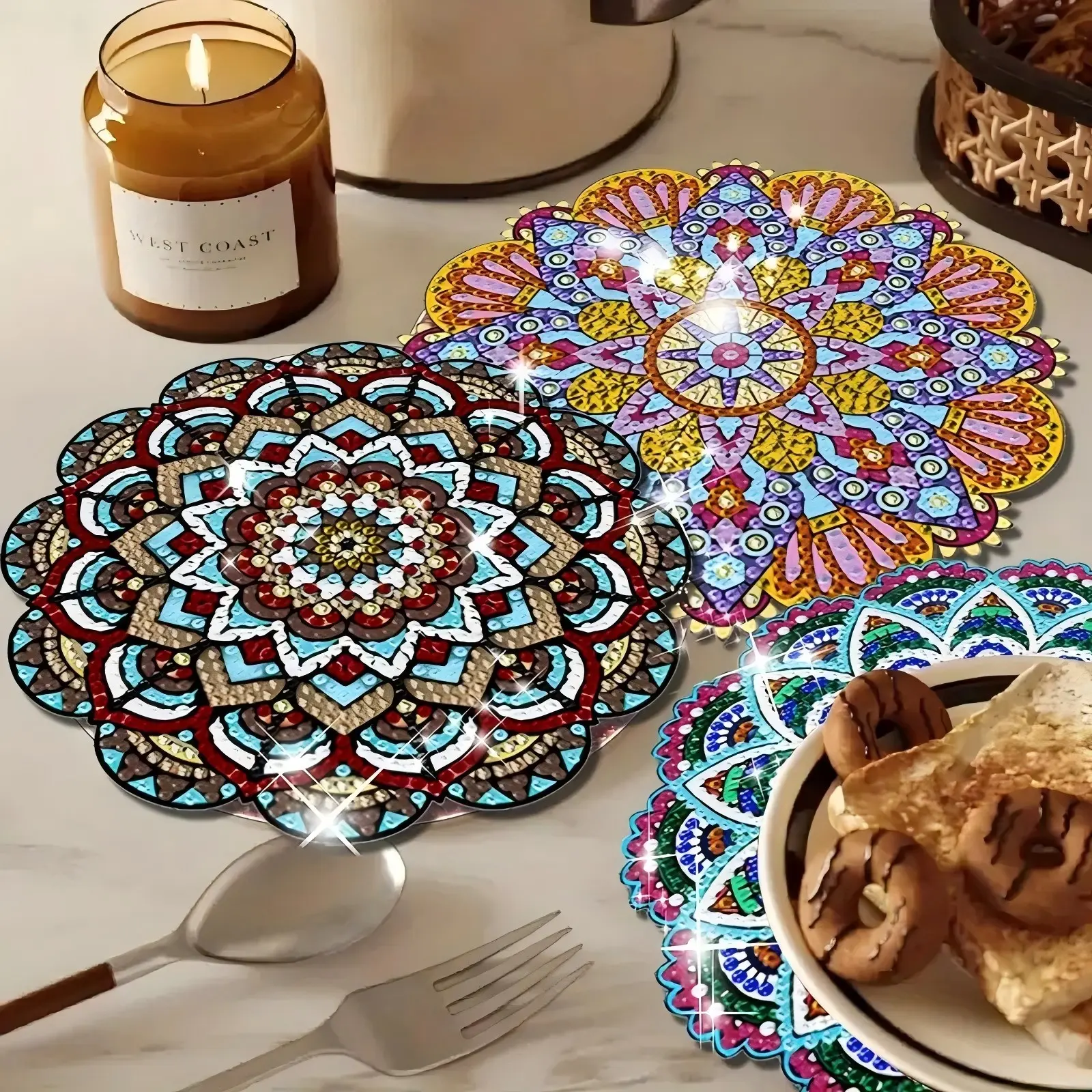 4-Piece Colorful Floral Wooden Diamond Placemats, DIY Crystal Diamond Art Insulation Table Mats, Mosaic Handmade Set, Kitchen Decorative Floral Pattern Placemat