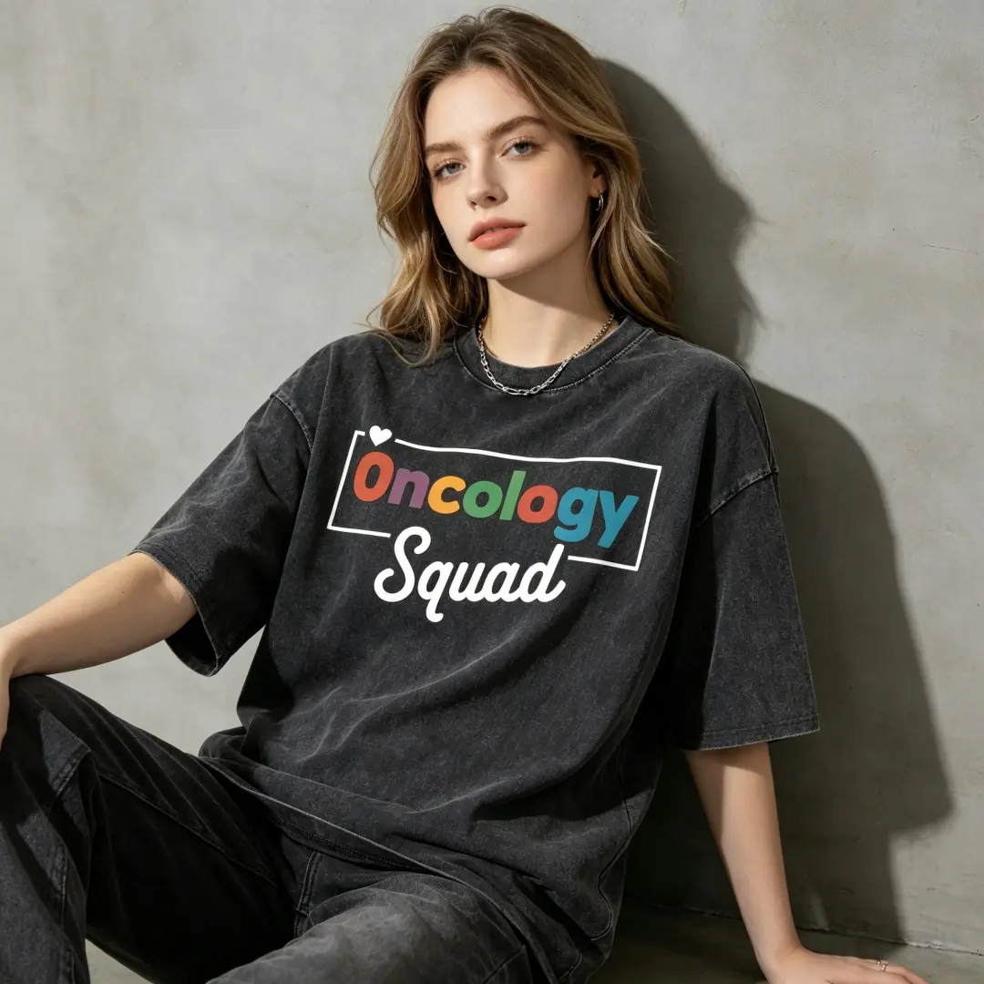 Women's "Oncology Squad" Medical Team Graphic Print Tshirt, Oversized Vintage Washed 100% Heavyweight Cotton Short-Sleeve Round Neck Top, Casual Summer Healthcare Streetwear Clothes
