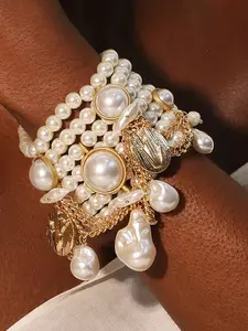 7-Piece Boho Style Beaded Bracelet Set, Irregular Shape Pearls Design, Single Row Half Pearl Jewelry for All Seasons, Bangles Bracelets, High Quality Bracelet