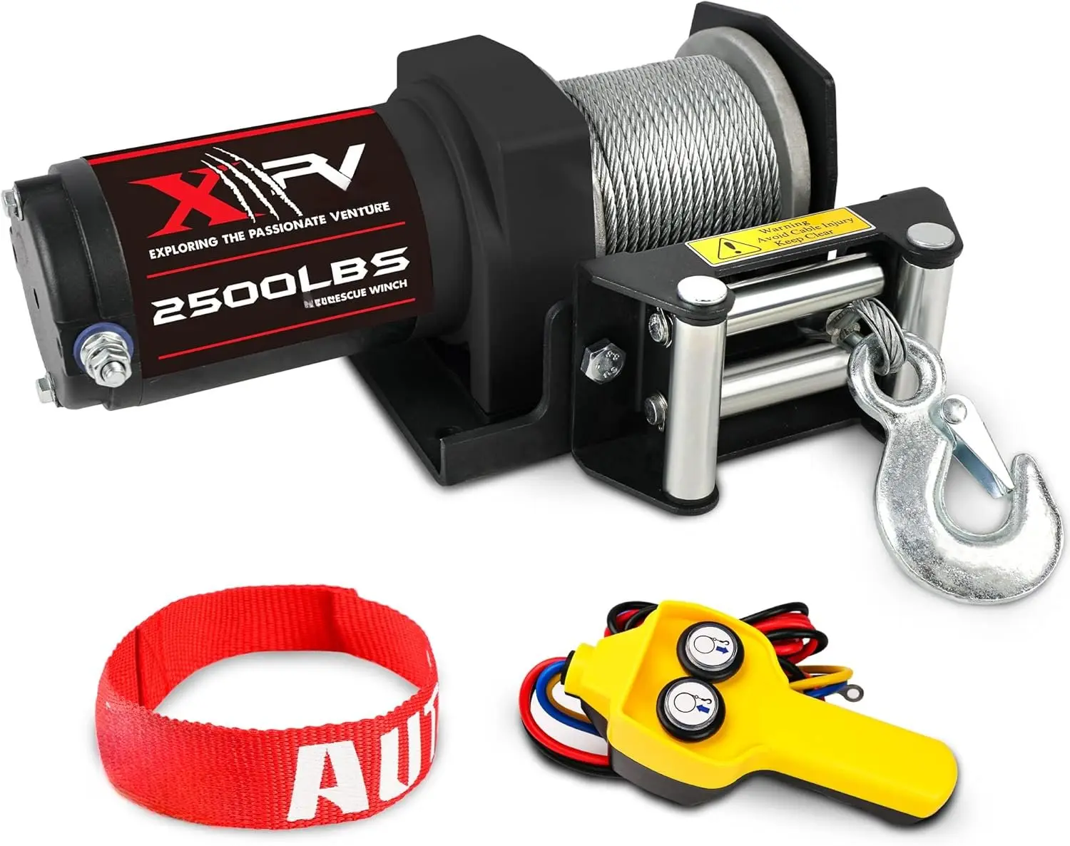 12V Heavy Duty Steel Electric Winch - 2500lbs Capacity, 1hp, 3-Stage Planetary Gear, Pure Copper Wire, Wired Remote Control, Mounting Plate, Safety Guarantee for ATV/UTV Off-Road Towing, One Year