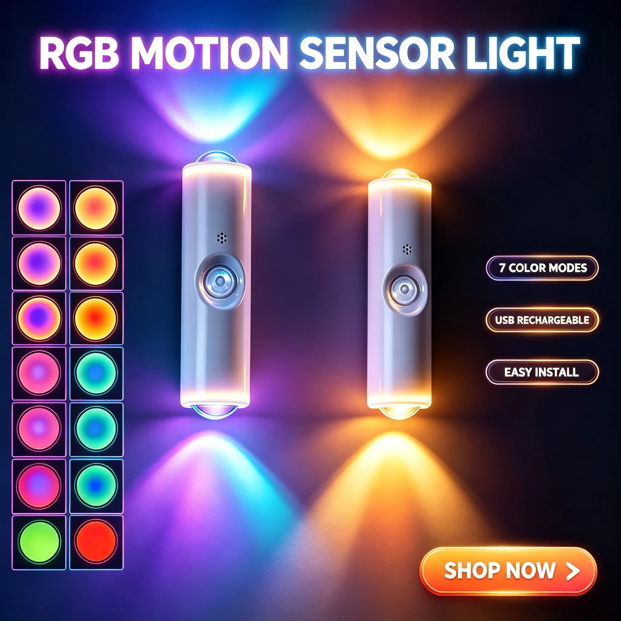 RGB Color Changing Rechargeable Magnetic LED Motion Sensor Wall Lamp - 7 RGB Color Changing Lighting, USB-C Charging, USB Powered, Wall Mounted, Portable Auto-On Night Light for Bathroom, Corridors, Closets Decor