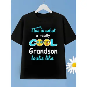 [Funny Boys' T-Shirt] Funny Graphic T-Shirt for Boys | "This is What a Really Cool Grandson Looks Like" Slogan with Joyful Face & Cartoon Letters - Soft, Breathable, Moisture-Wicking Fabric - Machine Washable Short Sleeve Crew Neck Tee for Teens, Outdoor