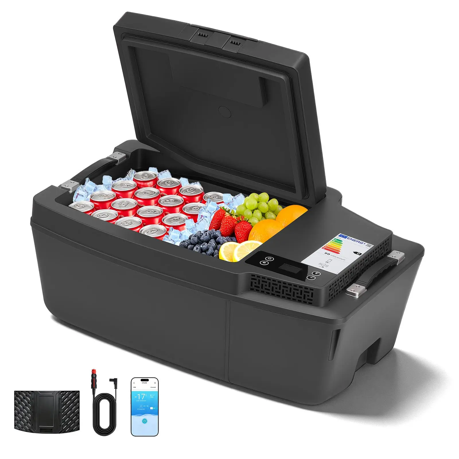 VEVOR 12V/24V DC Portable Compressor Refrigerator Freezer (20L/21.1QT, 28.44lb/12.9kg), Bluetooth APP Control, 3℉-50℉ Range, Sturdy Handle, Polypropylene Foam Door, 26.4x17.2x10.2in, Cig Lighter Cable for Tesla Model 3 T3-01, Ideal for SIPS/Short Trips, 2
