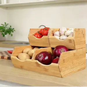 Bamboo Pantry Storage Bins – Stackable Potato & Onion Storage Bin for Kitchen Countertop, Pantry Organizer, Fruit Vegetable Basket, Multiuse - Set of 3 Slide-Out Access