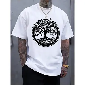 Men's Casual Tree Of Life Graphic Print T-Shirt, Round Neck Short Sleeve Tee With Black Circular Design, Lightweight Summer Shirt For Casual Attire, Vacation Attire