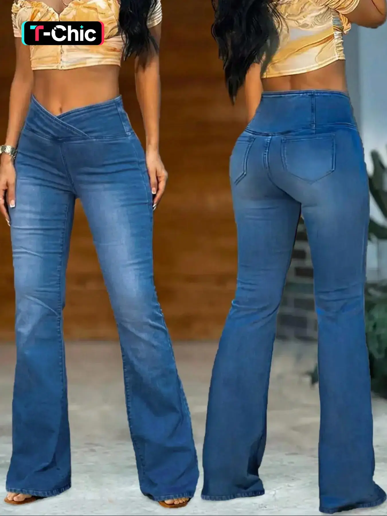Women's Flare Leg Denim Jeans Elastic Waistband Flared Bell Bottoms, Streetwear Basic Casual Plain Pattern Pants, Comfortable High Stretch Denim Fabric, Perfect for Daily Wear, Slim Fit, Womenswear