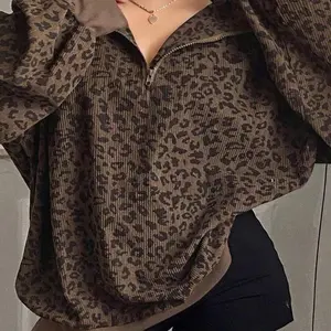 Plus Plus Size Women Zip-Up Leopard Print Long Sleeve Pullover Hoodie, Street Style Sweatshirt