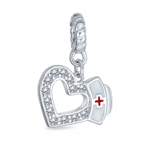Heart Shape RN Cap Nurse Dangle Bead Charm For Charm Bracelet .925 Sterling Silver