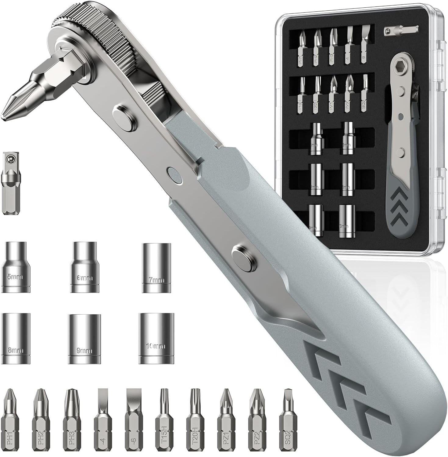 17in1 Right Angle Ratcheting Screwdriver Set, [Bearing Steel] 36-Tooth Mini Ratchet Wrench