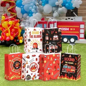 6pcs Firefighter Pattern Gift Bags with Handles, Perfect for Birthday Parties, Anniversary Gifts, Toy Packaging, Handheld Gift Bags, Gift Paper Bags