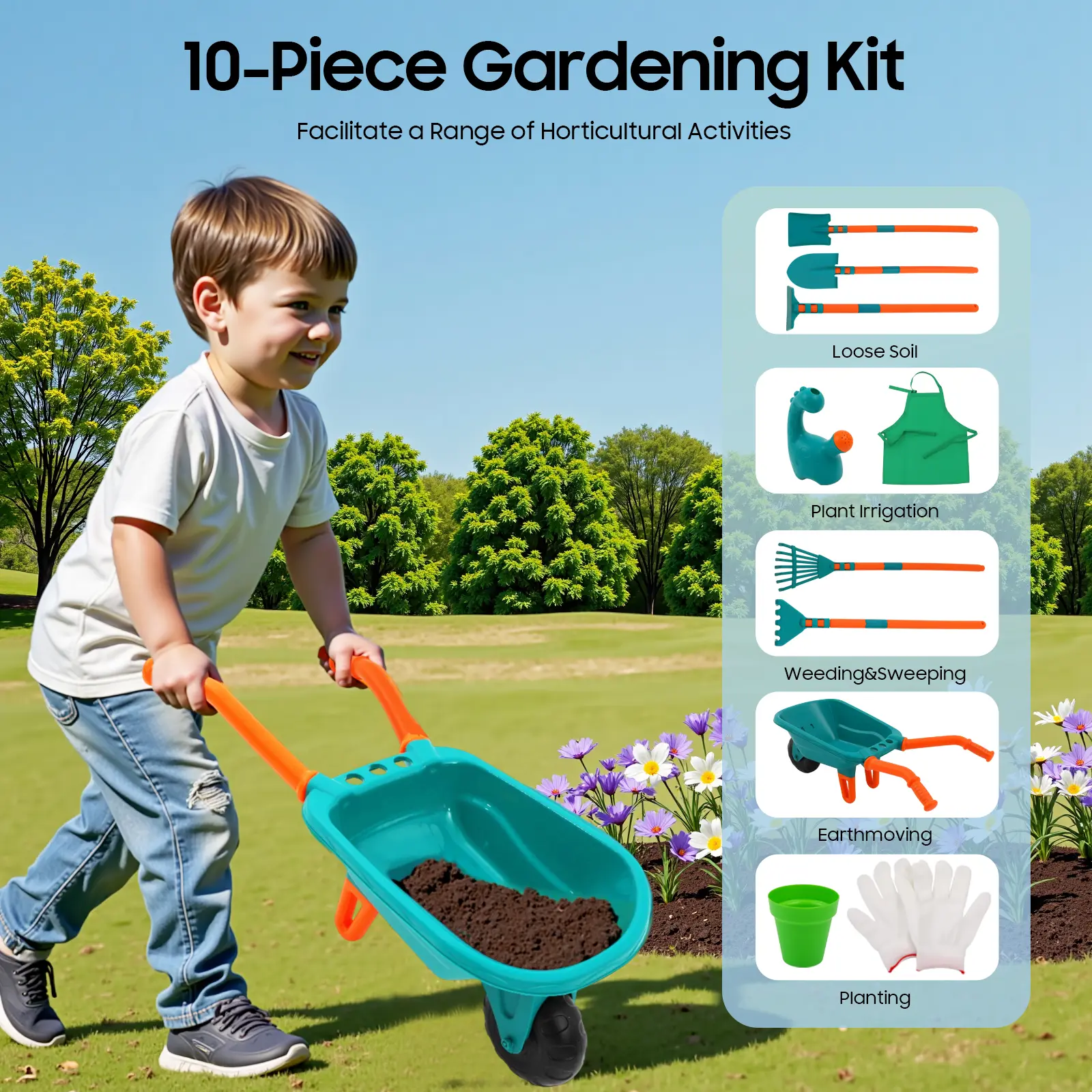 CNCEST 10-Piece Unisex Kids' Gardening Tools Set - Real Child-Sized Tools, Wheelbarrow, Gloves, Apron, Toddler Play Set for Outdoor Educational Activities