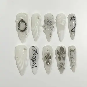 AuréNails - Gothic Angel Press On Nails | 3D White Chrome & Cross Art | Handmade Alt Fashion Fake Nails