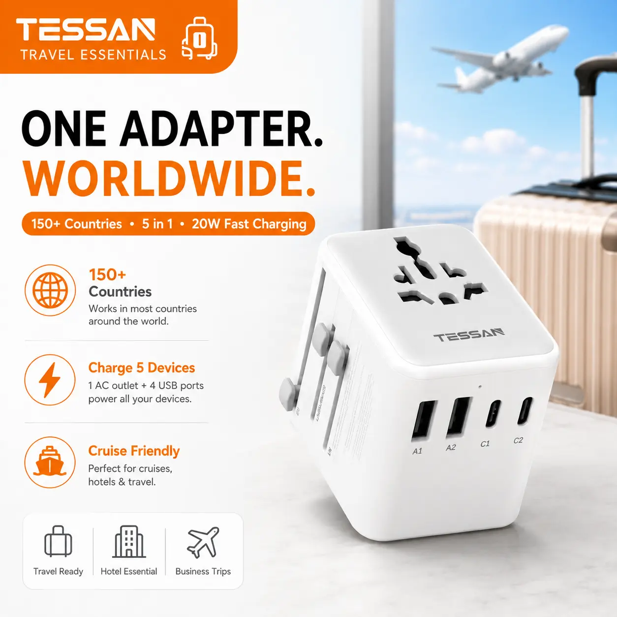 TESSAN Universal Travel Adapter with USB-C, 5-in-1 International Plug Adapter for Worldwide Travel, Europe UK USA Japan