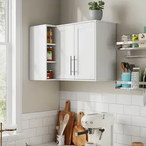 L Shape Wall Mounted Kitchen Sideboard Cabinet with 2 Door 3 Layers Shelves Storage Buffet Cabinet for Bathroom Dining Rooms