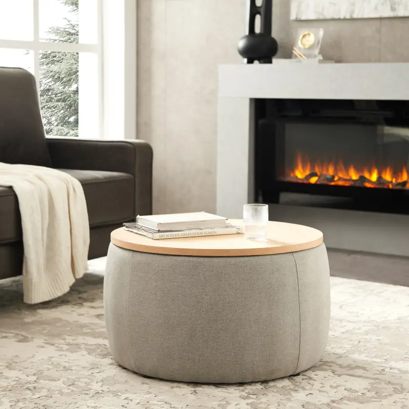 Multifunctional Upholstered Linen Fabric Stool - Armless Single Seat, 2-in-1 25.5"x25.5" End Table & Seating, 14.5" Grey Living Room Furniture & Decor