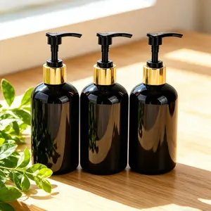 Three-piece large-capacity, black and gold, press-type, refillable leak-proof dispensing bottle set, Shampoo Conditioner Dispenser, Black light-proof design protects shampoo and conditioner ingredients